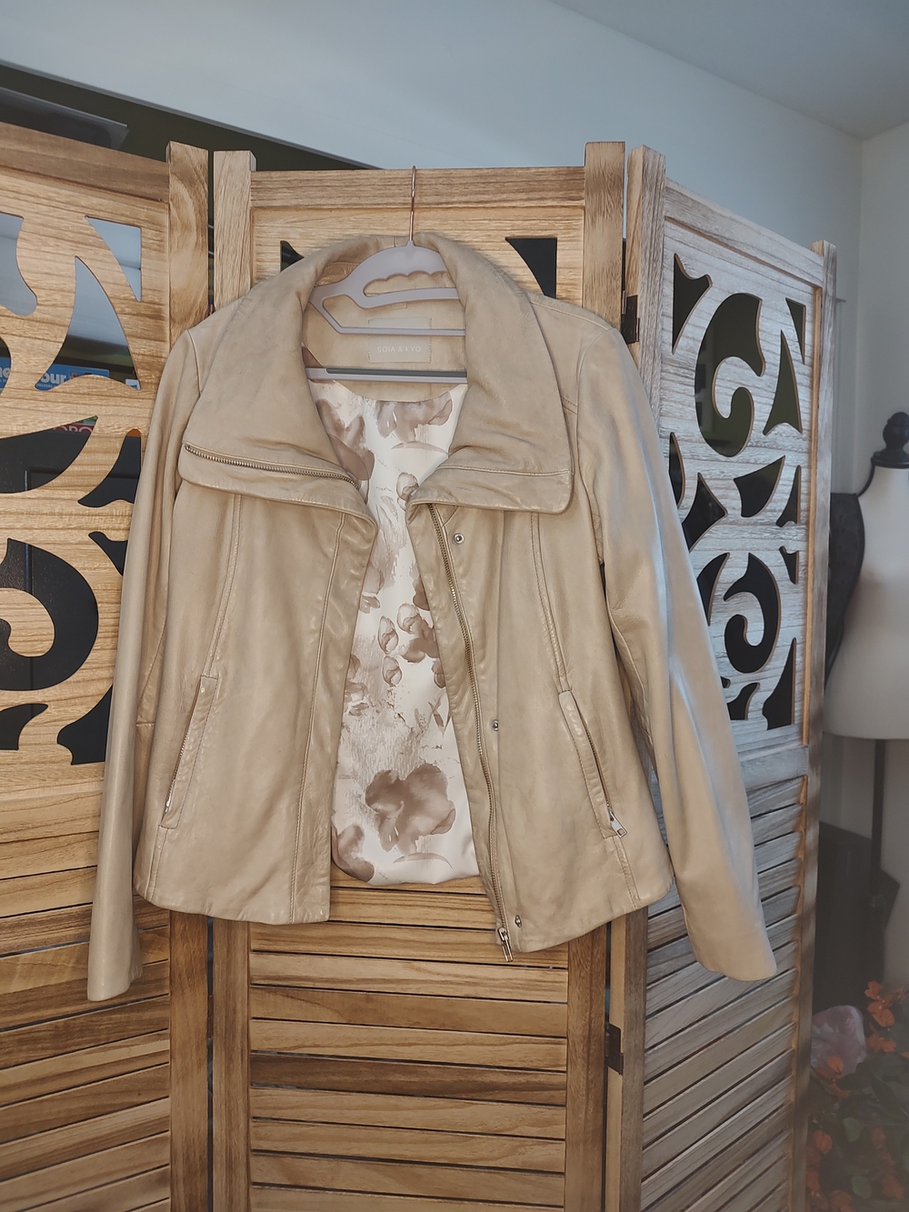 Soia & Kyo Taupe Leather Jacket with Floral Lining